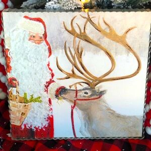 Santa Picture Feeding Reindeer with Galvanized Frame